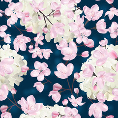 Vector botanical seamless pattern with Blossoming sakura and hydrangea. Modern floral pattern for textile, wallpaper, print, gift wrap, greeting or wedding background.