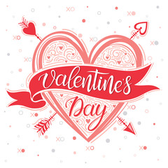 Valentines Day - lettering with hearts and arrows.Romantic heart illustration perfect for design greeting cards, prints, flyers,cards,holiday invitations and more.Vector Valentines Day card.