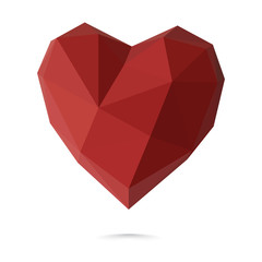 Happy Valentine's day 3d polygonal red heart on white background. February 14, love. Romantic wedding greeting card, women's, Mother's day. Vector illustration for graphic and web design.