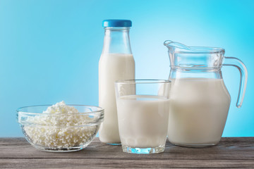 Still life of dairy products on wooden table