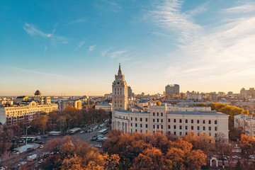Naklejka premium Aerial view of main building of South-Eastern Railway in Voronezh - symbol of city, beautiful European cityscape at sunset