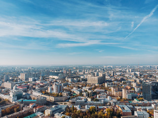 Aerial downtown Voronezh city panorama from drone in sunny day, new and old buildings, skyline view