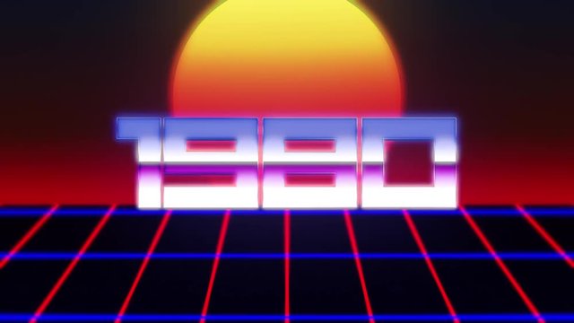 A retro futuristic animation: a twilight sun appearing over a grid moving forward, with the text 1980.
