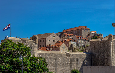 City of Dubrovnik, view from outside the walls with flag, Croatia