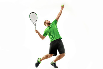 The one caucasian man playing tennis isolated on white background. Studio shot of fit young player...