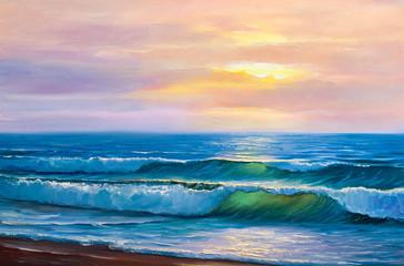 Sunset on the sea, painting by oil on canvas.