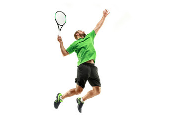 Fototapeta na wymiar The one caucasian man playing tennis isolated on white background. Studio shot of fit young player at studio in motion or movement during sport game..