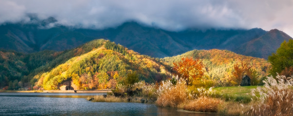 Landscape View from Koumi Park in autumn on the shore of Lake Kawaguchi -Mt Fuji, Japan.