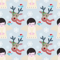 Christmas angle and reindeer seamless pattern.