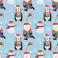 Penguin and snowman santa seamless pattern