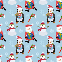 Penguin and snowman santa seamless pattern
