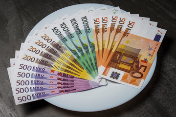 A pile of euros on a white plate on the table