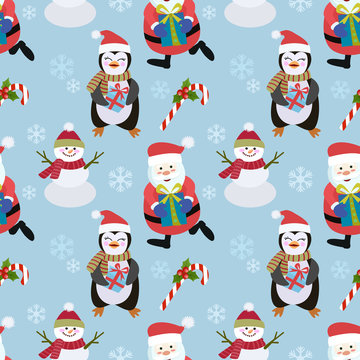 Penguin and snowman santa seamless pattern