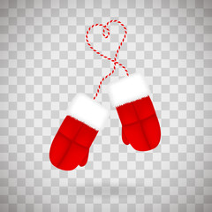 A pair of red warm mittens with white fluffy fur on a striped lace. Traditional winter accessory isolated on transparent background.