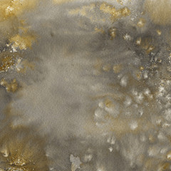 Yellow watercolor and ink paper textures on white background. Chaotic stylish abstract organic design.