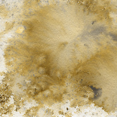 Yellow watercolor and ink paper textures on white background. Chaotic stylish abstract organic design.