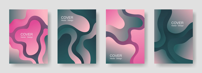Gradient liquid shapes abstract covers vector set. Glitch poster backgrounds design. Flux paper cut effect blob elements pattern, fluid wavy shapes texture print. Cover layouts.