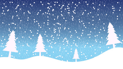 Snow landscape with snowflakes and Christmas trees. Scenery vector illustration.