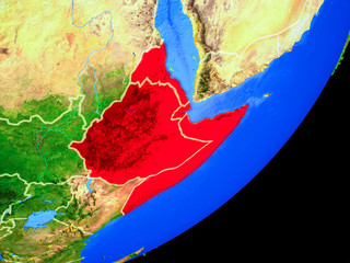 Horn of Africa on planet Earth with country borders and highly detailed planet surface.