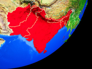 South Asia on planet Earth with country borders and highly detailed planet surface.