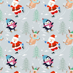 Santa claus and penguin on skate pattern