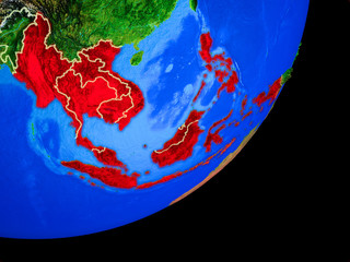 South East Asia on planet Earth with country borders and highly detailed planet surface.