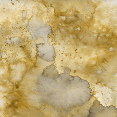 Yellow watercolor and ink paper textures on white background. Chaotic stylish abstract organic design.
