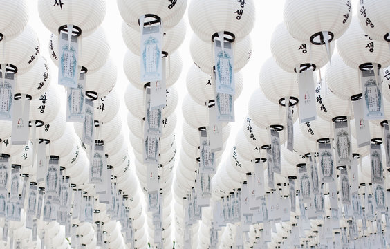 White lanterns at the Bongeunsa buddhist temple, Seoul, South Korea