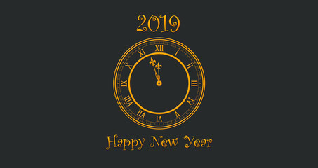  Happy New Year 2019 With Golden Colored Text and Clock Striking Twelve Illustration