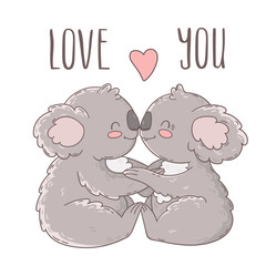 Cute koala couple in love. Vector hand drawn illustration. Valentines day card.
