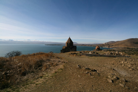 View of lake Sevan and Sevanavank monastery in Armenia.