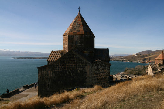 View of lake Sevan and Sevanavank monastery in Armenia.