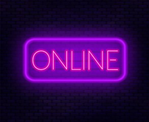 Online neon sign on a dark background.