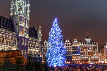 Grand Place in Brussels, belguim at night with christmas tree