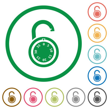 Unlocked round combination lock flat icons with outlines