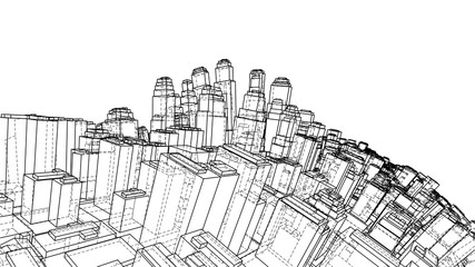 Wire-frame Twisted City, Blueprint Style. Vector
