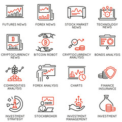 Vector set of linear icons related to trade service, investment strategy and management. Mono line pictograms and infographics design elements - part 1