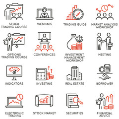 Vector set of linear icons related to trade service, investment strategy and management. Mono line pictograms and infographics design elements - part 4