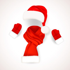 Set of realistic red Santa Claus hat with fluffy fur pompon and long scarf isolated on white background. Vector illustration