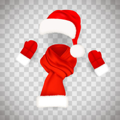 Set of realistic red Santa Claus hat with fluffy fur pompon and long scarf isolated on transparent background. Vector illustration