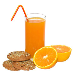 Fresh orange juice and oatmeal cookies isolated
