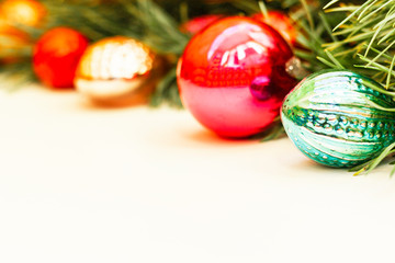 Christmas and New Year composition with decoration on white wooden background with copy space for your text