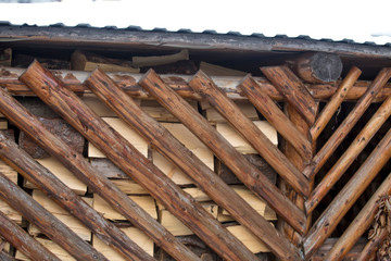 Pile of firewood under the snow in the winter