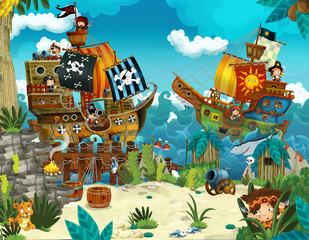 Fototapeta premium Cartoon illustration - pirates on the wild island - illustration for the children