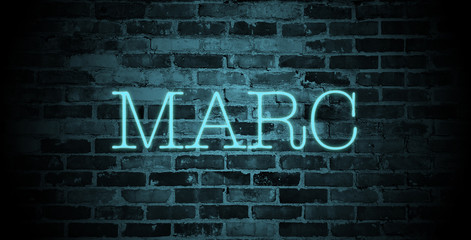 first name Marc in blue neon on brick wall - obrazy, fototapety, plakaty