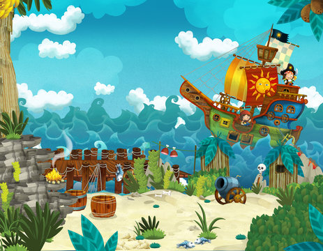 Cartoon illustration - pirates on the wild island - illustration for the children