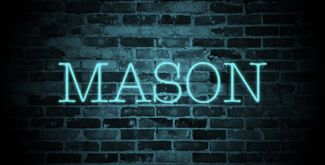 first name Mason in blue neon on brick wall