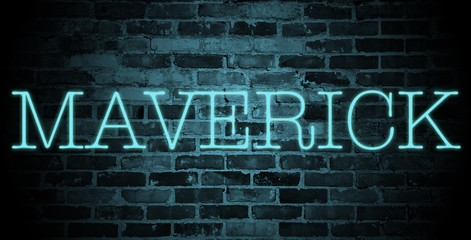 first name Maverick in blue neon on brick wall