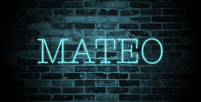 first name Mateo in blue neon on brick wall