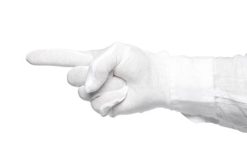 Hand in a white glove isolated on a white background. Gesture eye-catching. Gesticulation